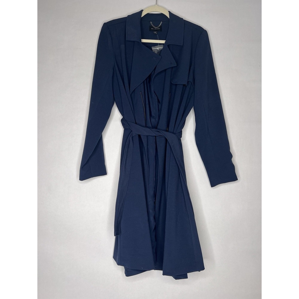 Vtg H by Halston Zip Dress Coat Navy‎ Blue Trench NWOT Belted Midi 40" Mob Wife